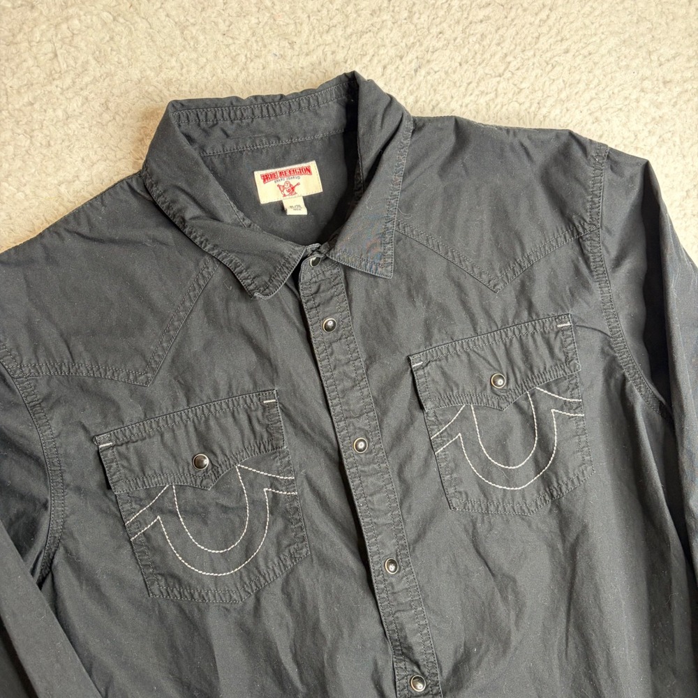 True Religion Mens Western Snap Shirt Black Horseshoe Stitch XL MYMB390MU3